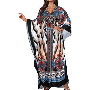 Women's Black Red Flower V-Neck Batwing Sleeves Smocked Waist Maxi Kaftan Dress
